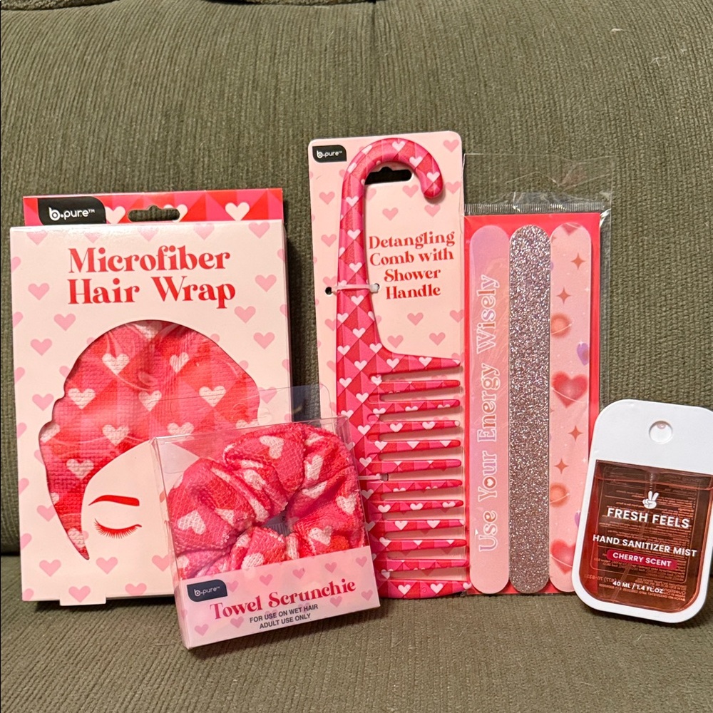 Pink/Red hearts Hair Wrap, Scrunchie, Detangle Comb, 3pk Nail Files, Hand Mist!
